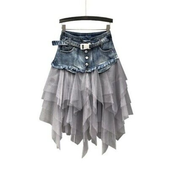 ~New~ Denim Tulle Asymmetric Goth Denim Skirt - Picture 3 of 4